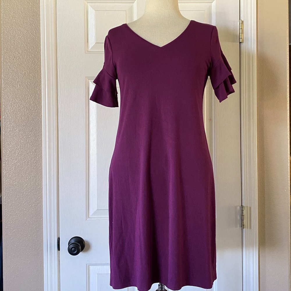 White House Black Market V-Neck Stretch Short Ruffled Flounce Sleeve Dress Plum